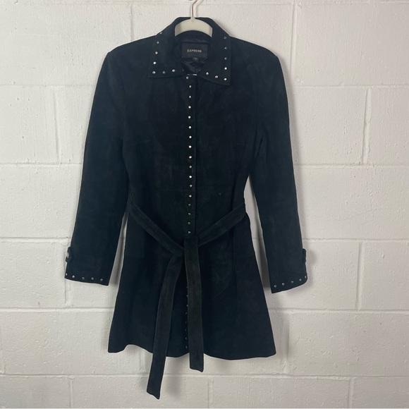Express Belted Black Suede Jacket Snap Up Silver Stud Details Rocker Baddie 1/2 - Picture 1 of 16